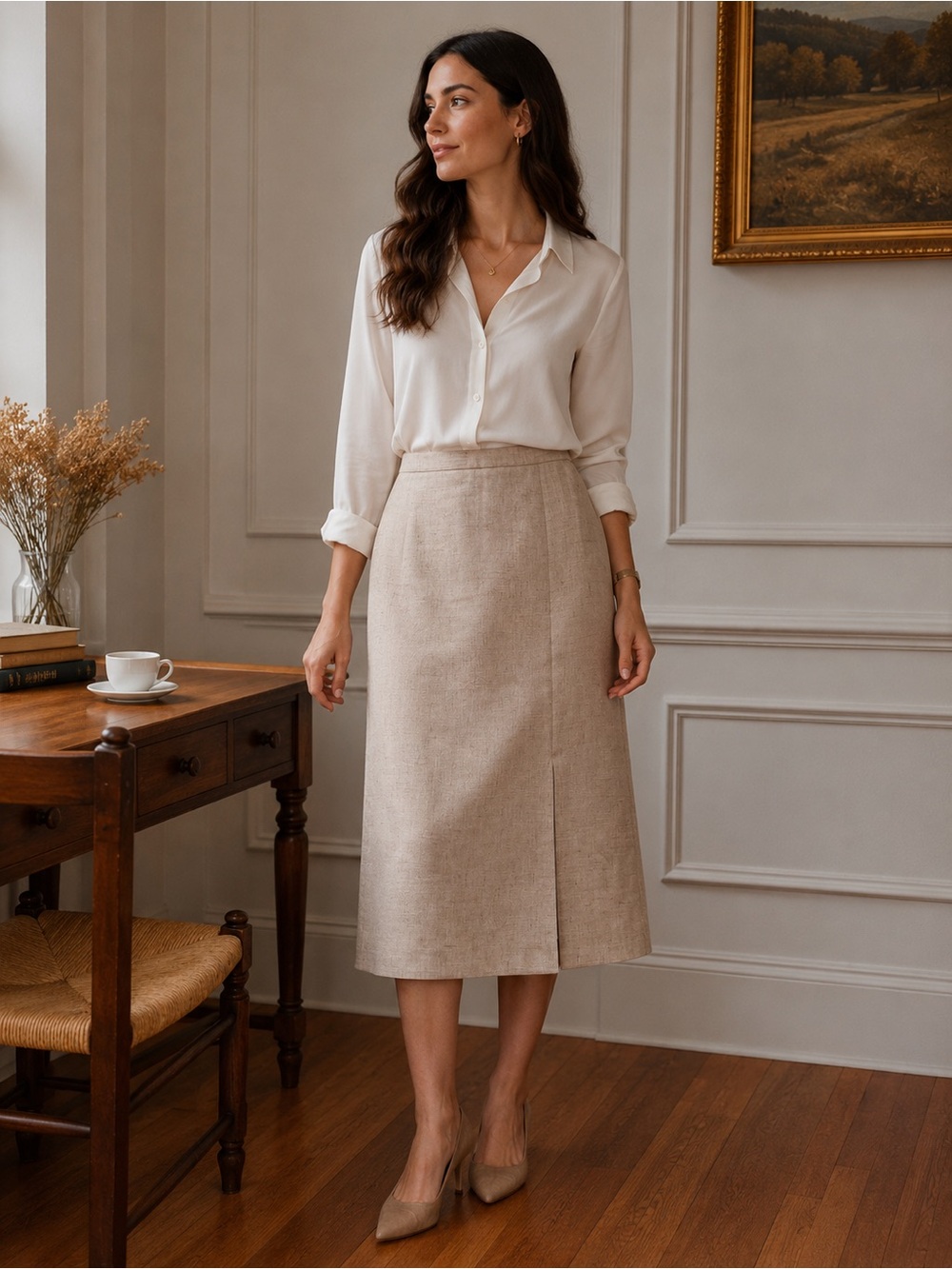 Vintage Linen Blend Midi Skirt Beige Side Slit USA Made Small Classic